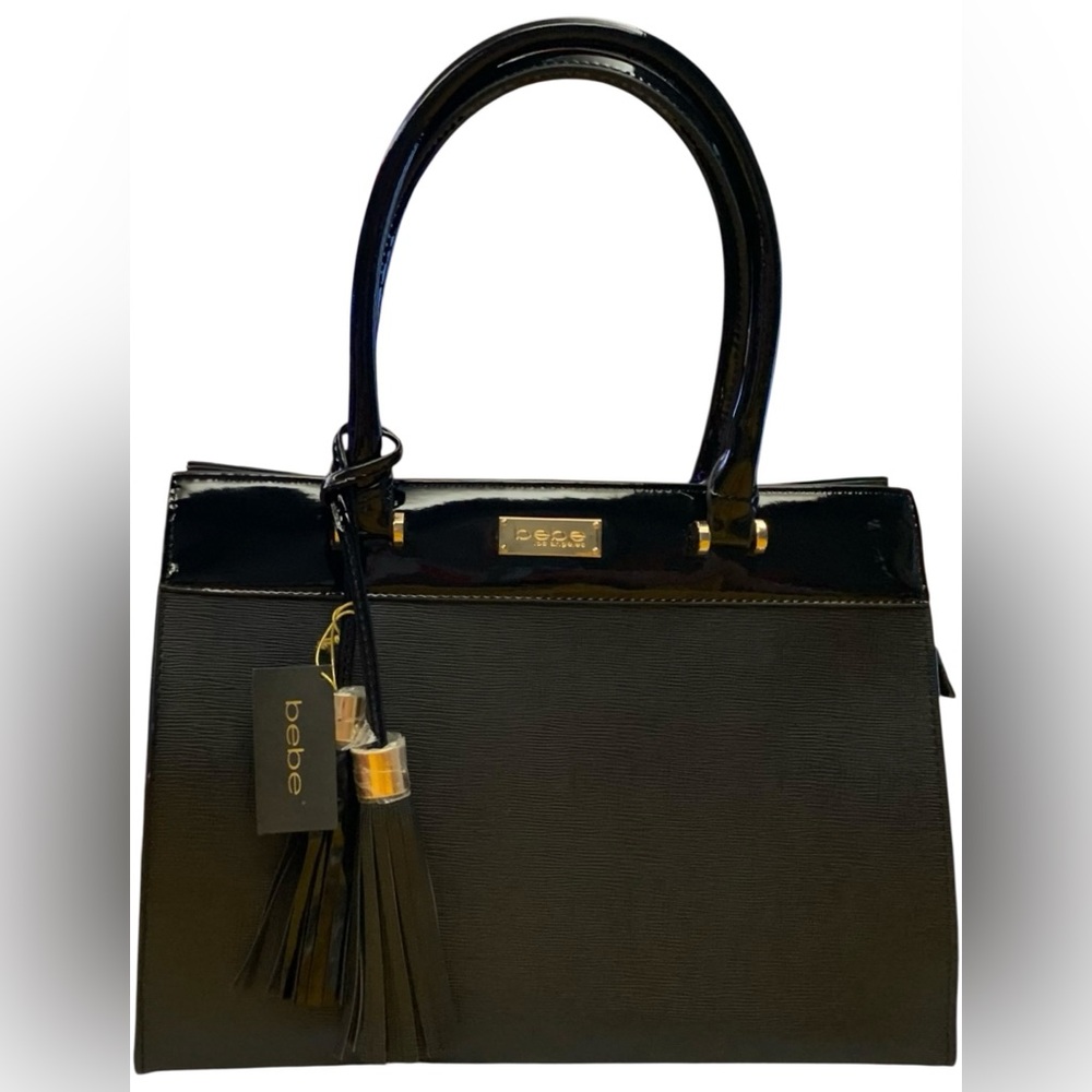 NWT,‎ Bebe Black Leather Raven Satchel Tote